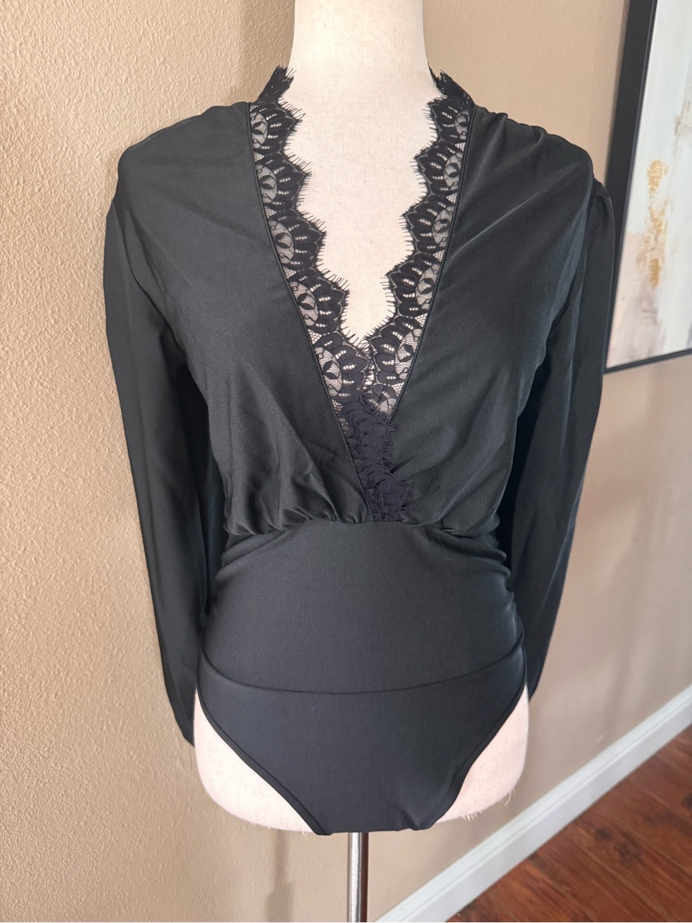 Black Lace-Trim Long Sleeve Bodysuit